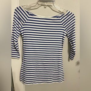 Navy Blue and white striped off the shoulders shirt 3/4 sleeves never worn